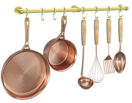 ROTHLEY Stainless Steel Hanging Pot Rack: 23.7 Inch Brass Wall Mounted Kitchen Rail With 8 S Hooks - Heavy Duty Pan Bar for Pots and Pans