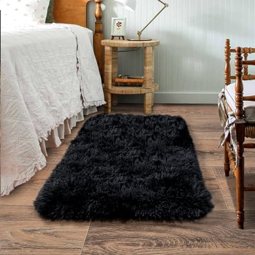 Quntue Kleiner schwarzer Teppich, 5 x 7,6 cm für Schlafzimmer, zotteliger Überwurf, Teppiche für Schlafsaal, weicher Zottelteppich für Kinderzimmer, Plüsch, bequem, flauschiger Nachttisch, ästhetisch