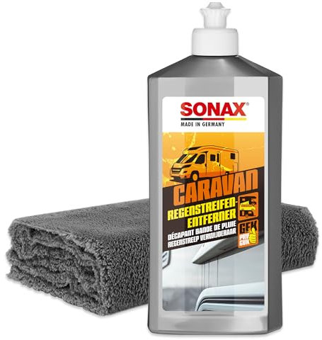Wohnmobil Regenstreifen Entferner Set | Sonax Caravan Regenstreifenentferner 500ml + Mikrofasertuch | schleifmittelhaltiger Intensivreiniger zur Entfernung von Regenstreifen auf Lack und GfK