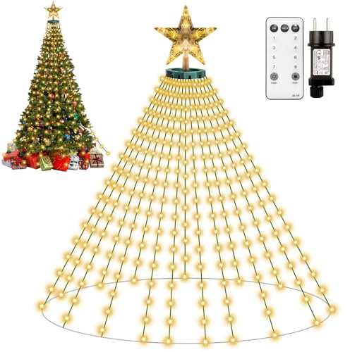 410 LED Luci Albero di Natale, 8 Modalità 2Mx16 Fili Mantello Luci per Albero di Natale a Cascata con Star Topper， Impermeabile Luminarie Natalizie con Telecomando per Interno Esterno Decorazioni