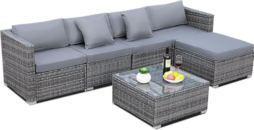 LIFERUN Polyrattan Balkon Lounge Set 6-teilig, Wetterfest Gartenmöbel Set bis 6 Personen, Außen Terrassenmöbel inkl. Rattansessel Couchtisch, Lounge Gartenmöbel Set für Garten Terrasse Balkon, Grau