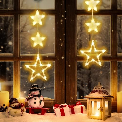 LED Sterne Weihnachtsbeleuchtung 2 Stück, Weihnachtsdeko Fenster Batteriebetriebene Weihnachtsstern Lichterkette mit Saugnäpfe für Fenster Weihnachten (mit Kleiner Stern)