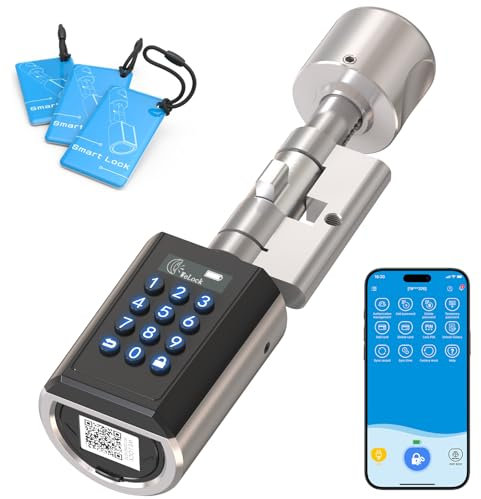 RUILON Serrure connecte porte entree avec 3 cartes RFID, Serrure electonique sans clé Cylindre réglable 30x30 pour les portes de 30-70 mm d'épaisseur maison PCB10EBL51