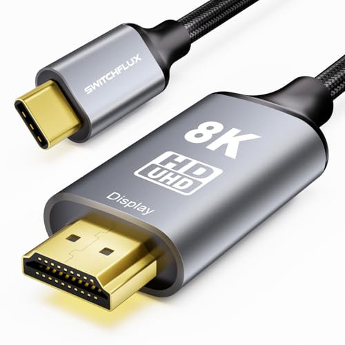SWITCHFLUX USB C to HDMI 2.1 Cable 6Ft (8K@60Hz,4K@144Hz,2K@240Hz) Type-C to HDMI Braided Cord,[Thunderbolt 3/4/5 Compatible] for iPhone 15 Series,MacBook Pro/Air,iPad Pro,Surface,Dell,HP