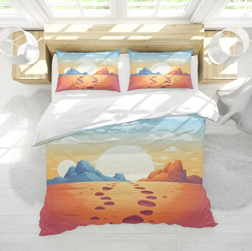 Cartoon Style Bettwäsche Set 3 Stück Outer Space Planet Stone Mountains White Clouds Bettwäsche Set mit 2 Kissenbezügen 4 Krawatten & Reißverschluss 140 x 200 cm