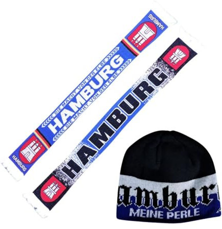 Hamburg Fan-Set Nr. 6 (1x Jacquardschal + 1x Strickmütze), blau-weiss-schwarz, Fussball, 1887, Weihnachten, Christmas, Geschenke