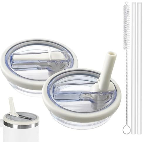 2 Stück Stanley Cup Deckel Auslaufsicher, Wiederverwendbarer Auslaufsicherer Ersatzdeckel für Stanley Cup 40oz/1.2L mit 2 Trinkhalmen and 1 Strohhalm Bürste (Cremefarben)