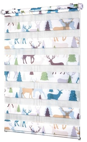 Deswell Doppelrollo mit Muster Weiß-Elch B90 x H130 cm(Stoffbreite 86cm), Doppelrollo Klemmfix ohne Bohren mit Motiv, Duo Rollos für innen Klemmrollo Fensterrollo Fensterrollo für Kinderzimmer