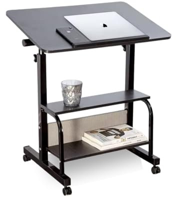 JANDTEK Mesa Ordenador portatil con Ruedas e inclinación - Mesa Auxiliar 80x40cm - Mesa Ordenador pequeña portatil estantería Inferior - Escritorio Altura Regulable - Escritorio portatil
