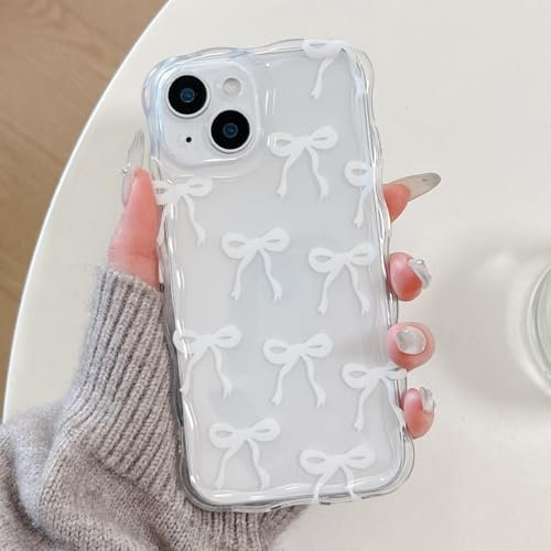 QLTYPRI Case for iPhone 11, Cute Ribbon Bow Curly Wavy Frame Clear Phone Case for Girls Women, Aesthetic Bowknot Transparent Soft Silicone TPU Bumper Shockproof Protective Cover - White