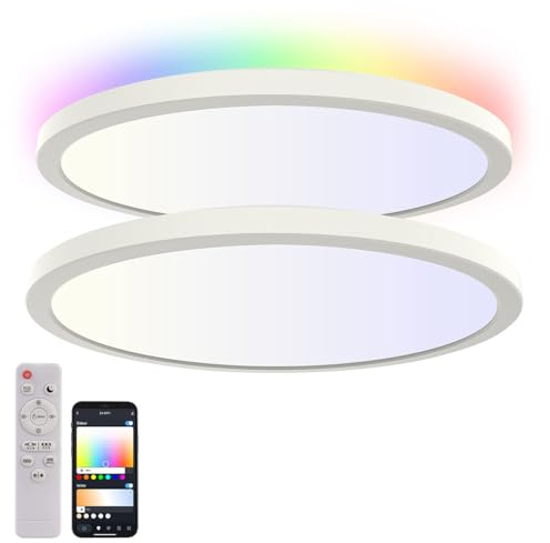 Luminea Home Control LED Deckenleuchte: 2er-Set Super Slim WLAN-CCT-LED-Deckenlampen, Memory-Funktion, App (Feuchtraumleuchte, Deckenlampe mit Fernbedienung, WC)