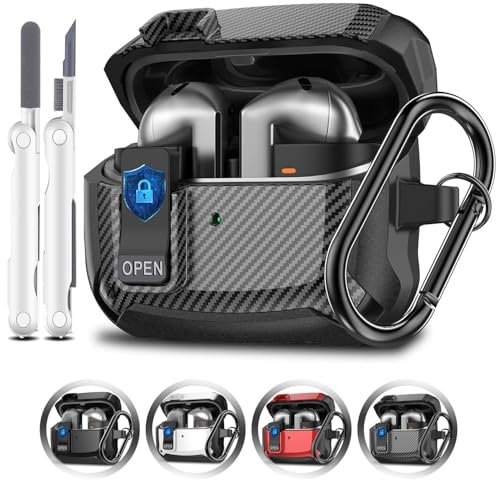 Kompatibel mit Samsung Galaxy Buds3/Buds3 Pro Hülle Case 2024 für Frauen Männer Sicherheitsschloss Hülle für Samsung Galaxy Buds3 Serie Schutzhülle mit Karabiner und Reinigungsset Schwarz/Schwarz