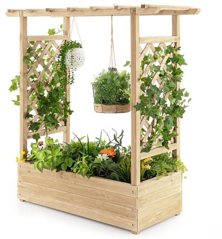 HOMASIS Blumenkasten mit 2 Rankgitter & Dachregal, Hochbeet mit Spalier, Pflanzkasten Pflanzgefäß Holz, Pflanzkübel für Blumen & Kletterpflanz, Rankhilfe Garten Balkon Terrasse (110x44x113,5cm, Natur)