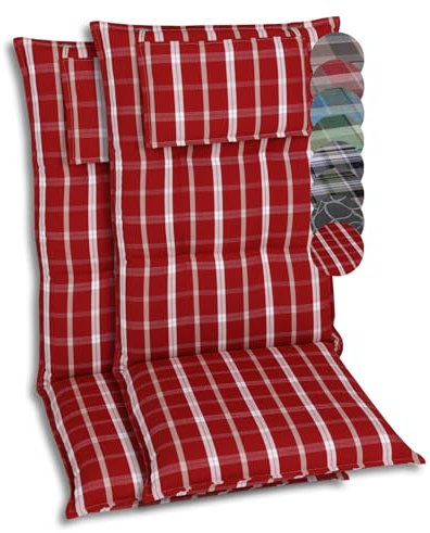 GO-DE Textil Bequeme und attraktive Polsterauflagen für Hochlehner-Gartenstühle (2er-Set, Karo Rot-Weiß, Hochlehner)