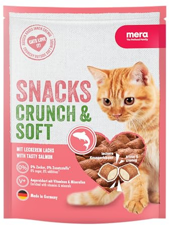 MERA Crunch & Soft mit Lachs, 200g köstliche Katzen Leckerlies, nahrhafter Katzensnack voller Vitamine und Mineralien, krosse Kissen mit cremiger Füllung (Packung mit 4)