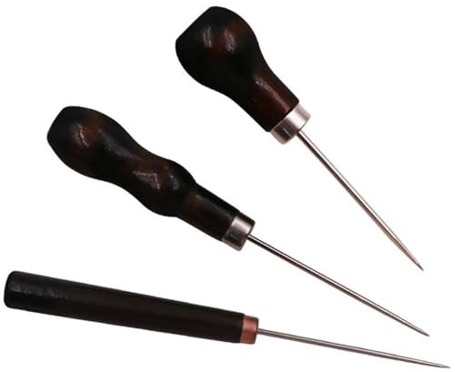 TSUOUKL 3 Piezas Lezna de Madera Profesional - Herramientas para Costura en Cuero, Aguja de Acero Inoxidable con Empuñadura Antideslizante