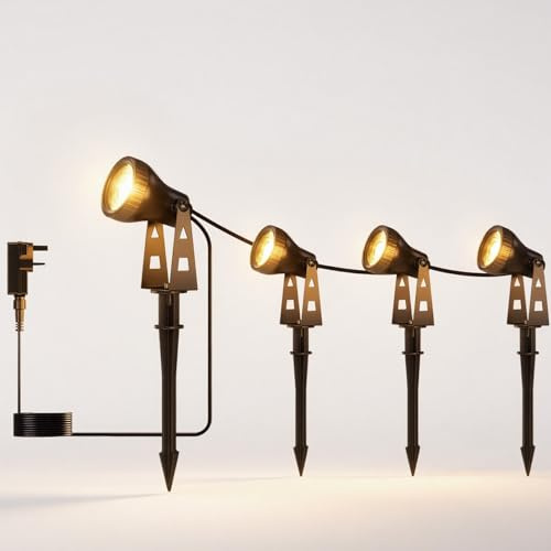 ZOTOYI Garden Spotlights Mains Powered IP68 Waterproof - 14M 4-in-1 Adjustable Angle Garden Spike Lights Warm White 400LM for Pathway, Lawn, Highlighting, Weddings, Yard,Residential Areas,3100K