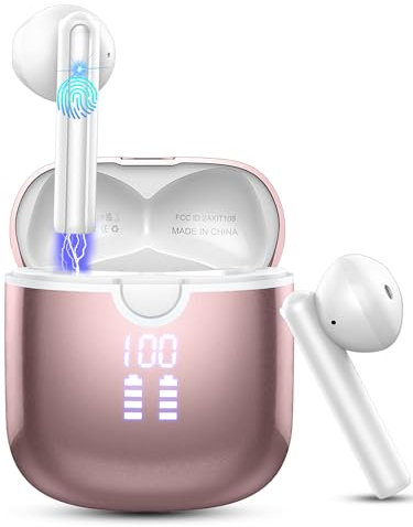 Wireless Earbuds, Bluetooth 5.4 Headphones with 4 ENC Noise Cancelling Microphone, Ear buds with HiFi Stereo Deep Bass, Bluetooth Earphones 40H Playtime LED Display, IP7 Waterproof, Light Pink