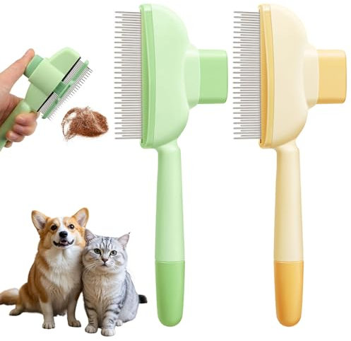 2 Stück Fellblitz Bürste, Selbstreinigender Katzenkamm für Haustiere, Flohkamm Katzen Hunde, Haarkamm für Katzenhaare mit Entriegelungsknopf, Katzenbürste für Reinigung von Losem Verknotetem Fell