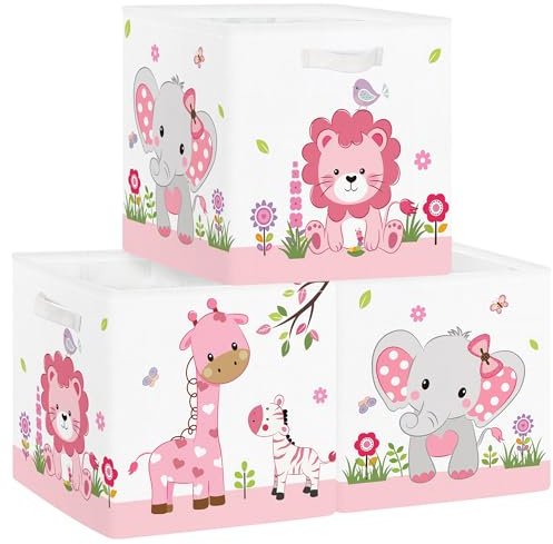 Clastyle 3 Stück Dschungeltier Aufbewahrungsbox Stoff für Kallax Faltbar Aufbewahrungskorb Klein Schrank Organizer Kleiderschrank für Regal,Rosa,30x30x30 cm