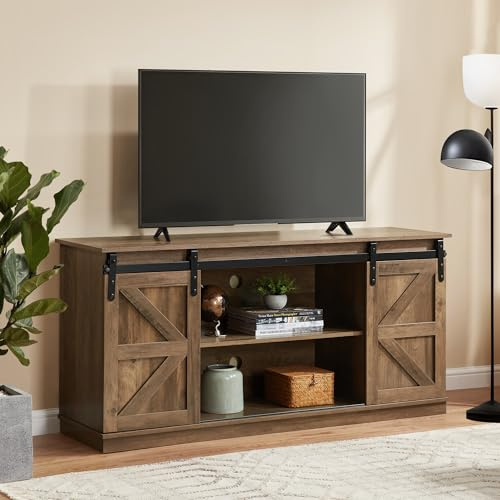 Comeway Farmhouse TV Stand for 43 55 65 TV, Entertainment Center with Storage Cabinets & Sliding Barn Doors, Rustic TV Stand Mid Century Modern for Living Room Bedroom Office Furniture, Natural Brown