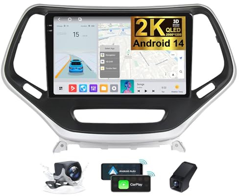 ZZPHKK Android 14 2-DIN Autoradio Carplay für Jeep Cherokee KL 2014-2018 mit Android Auto Multimedia-Player 10 Zoll 2K Touchscreen mit Bluetooth 5.0 GPS FM/RDS SWC + Rückfahrkamera DVR(2K M800S)