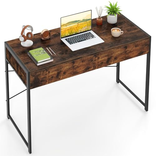 COSTWAY Computer Desk with 2 Drawers, Compact Wooden PC Laptop Table Writing Workstation, Simple Home Office Working Gaming Study Desk (111 x 48 x 76cm, Rustic Brown)
