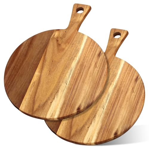 FARYODI 2 Stück 30 cm Pizzabrett Holz, Rund Pizzateller Holz, Pizza Teller Gross Schneidebrett mit Griff, Hause Pizza-Plate, für Pizza, Foccacia oder Brot