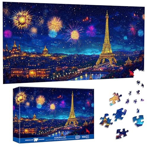 Pavemlo Puzzle 1000 Teile Eiffelturm bei Nacht - 41x80cm Spezialform Klassische Puzzles für Erwachsene | Unmögliches Puzzle Puzzle-Liebhaber & Anfänger | Wanddekoration