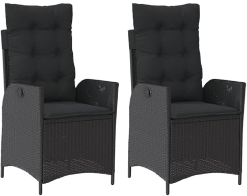 XHNIFBN 2er Set verstellbare Gartenstühle Schwarz Poly Rattan mit dicken Kissen 57 x 61 x 93 cm Outdoor Gartenstuhl klappbar Gepolsterte Terrassenstühle für Balkon Garten und Camping