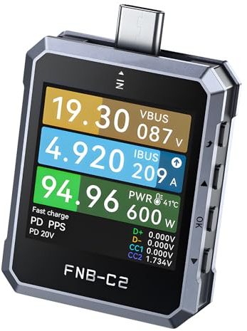 FNB-C2 Tester USB C, 4-50 V, 6,5 A, Voltmetro Amperometro con Display PD3.1 | Tester USB Multimetro Digitale, misura capacità e ondulazione residua, rilevamento della ricarica rapida con software app