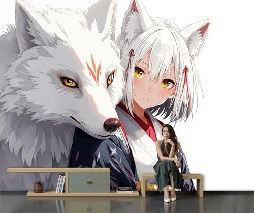 Tapete Fuchsmädchen Wandbild, Weiß Fototapete Für Wohnzimmer Schlafzimmer Seidentapete Xxl Wandtapete Tv Hintergrund Wand Deko, Japanische Anime Mustertapete