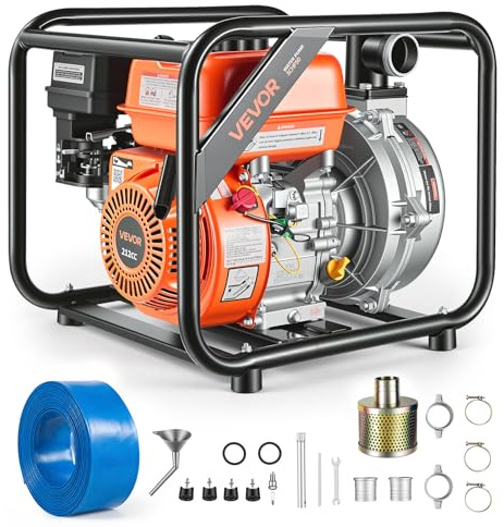 VEVOR Pompa Acqua a Benzina, Motopompa per Irrigazione Prato Laghetti Piscina Giardino 29072 L/H, Trasferimento Acqua 6 CV, Pompa Acqua con Motore a Benzina Tubo 7,6m Dimensioni Porta 50,8 mm