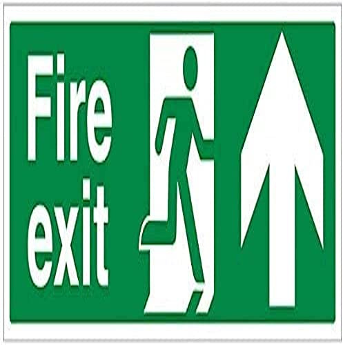 VSafety Schild mit Aufschrift auf Englisch „Fire Exit“ und einem Pfeil nach oben – Querformat – 450 mm x 150 mm – selbstklebendes Vinyl
