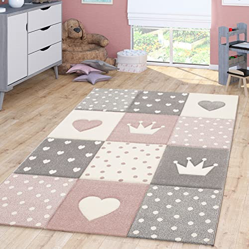 TT Home Kinderzimmer Teppich Junge Mädchen Kinderteppich Punkte Herz 3D Optik Pastell, Farbe: Pink, Größe:120x170 cm