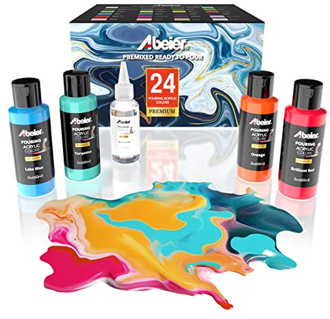 Pintura acrílica para verter, botellas de 2 oz, juego de 24 colores surtidos y aceite de silicona (1 oz), premezclada, alto flujo, pintura para lienzo, vidrio, papel, madera, azulejos, piedras
