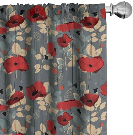 ABAKUHAUS Mohn Vorhänge, Gardinen, Moderne Blumengarten, Fensterbehandlungen für Wohnzimmer Schlafzimmer Dekor, 2 Stück 75 cm b x 225 cm h,Beige Grau Rot