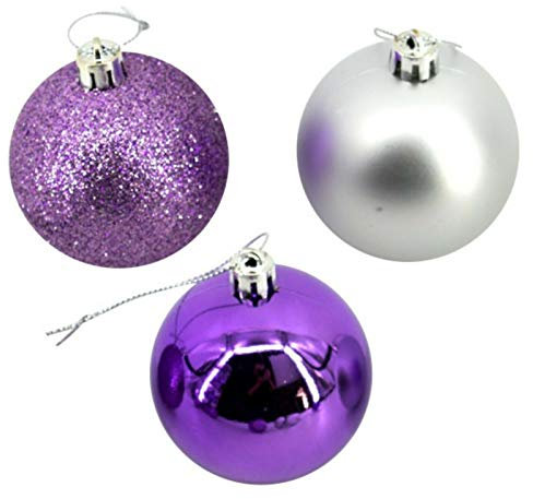 Rammento Pack of 36 Shatterproof Baubles, Silver & Purple | 6cm (2.36”) Outdoor/Indoor Christmas Decorations | Shiny, Matte & Glitter Hanging Tree Ornaments | Festive Décor for Home & Office Party