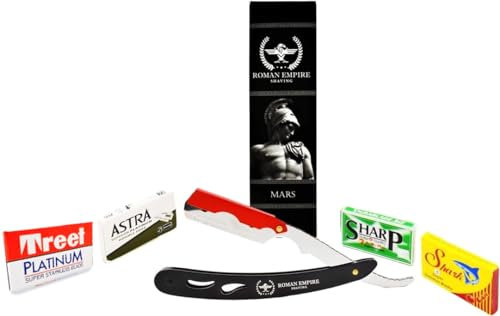 Razor Blades Club Römisches Reich Rasiermesser Mars Neues Rasiermesser, professioneller Friseurrasierer für Bart, Schnurrbart und Konturen mit 20 Klingen (Astra-Sharp-Shark-Voskhod) (Stahl, 1 Einheit)