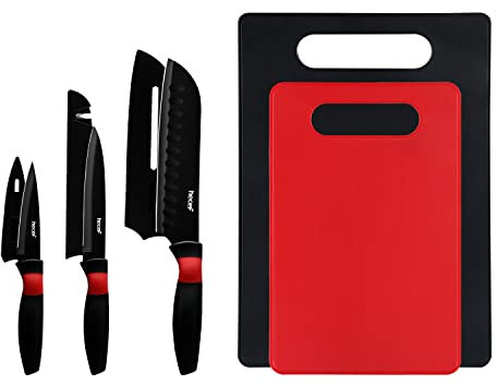 hecef Küchenmesser Set, Schwarze Messer mit Rotem Patentgriff| Kochmesser, Allzweckmesser, Schälmesser, 2 Schneidebretter und 3 Messerscheiden, Scharfes Messerset für Küche und Camping