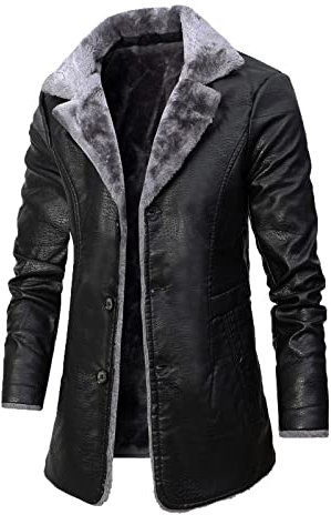 Blouson Automne Hiver Homme Revers en Molleton Hommes de rétro en Cuir Manteau Hommes de Noir Long Faux Cuir Veste d'hiver PU Manteau Trench Couleur Unie à Manches Longues avec col de Fourrure
