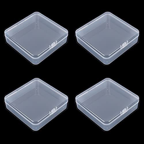 Goodma 4 Pieces Square Empty Mini Clear Plastic Organizer Storage Box Containers with Hinged Lids for Small Items and Other Craft Projects (125 x 125 x 35 mm)