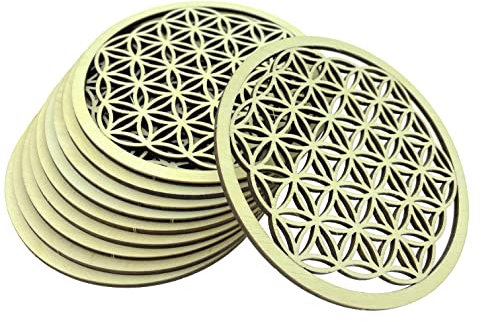 Lot de 12 dessous de verre en bois de bouleau - Diamètre : 10 cm - Pour boissons, café, thé, décoration de méditation - Motif fleur de vie