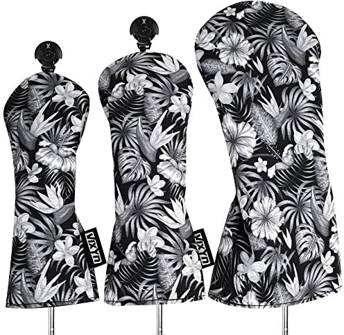 VIXYN Golfschlägerhauben – 3er-Pack Golfschlägerhauben für Fahrer, Hölzer und Hybrid – Driver Headcover passend für alle Golfschläger (Schwarz Blumenmuster)