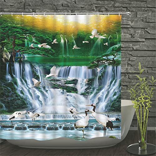 Duschvorhang 160x180cm Vogel-Wasserfall Duschrollo Anti-Schimmel, Duschvorhänge Wasserdicht, 3D Outdoor Vorhang Waschbar, Schnell Trocknend Polyester, Extra Lange Badezimmer gardinen mit 12 Haken