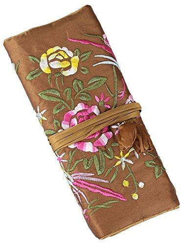 Travel Jewelry Roll, Flower and Bird Embroidery Brocade Silk Brocade Jewelry Organizer Bag with Tie Closure Ribbons, Brown