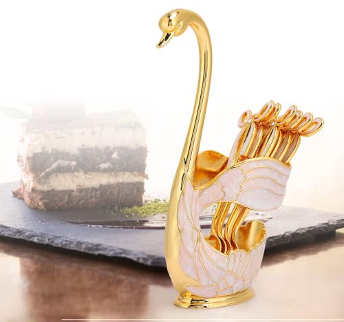 Ensemble de Cuillères à Café, 11 Cm de Long 6 Cuillères à Café avec Porte-cuillère à Café Cygne de 8 Cm X 15,5 Cm, Design Poli Miroir Ensemble de Cuillères à Sucre à Dessert(Blanc Doré)