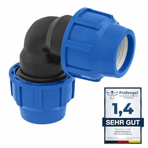 SmartProduct 20mm PE Rohr Verschraubung Winkel 90 Grad PN16 DVGW Trinkwasser zertifiziert – Klemmverbinder für Innen- und Außeninstallationen – PP Kupplung kompatibel mit PE80 PE100 Rohren (1)