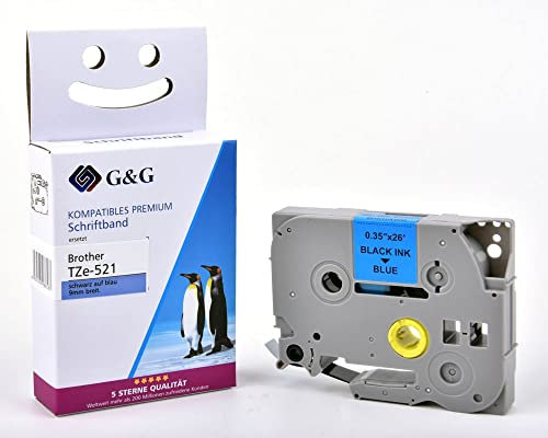 G&G Schriftband kompatibel für Brother P-Touch Tze-521 9mm x 8m, Schwarz auf Blau für Brother P Touch Cube PT-H100LB/R P710BT H105 E110 D400 H110 P300BT E300VP D210