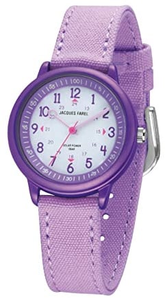 Jacques FAREL Solaruhr Lernuhr Öko Kinderarmbanduhr Mädchen Analog Quarz mit Textilarmband aus Bio-Baumwolle Lila Violett Nachhaltig ORSO 3110